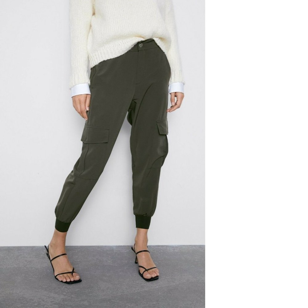 ZARA Women's Size Small Olive Green High-Waist Pull On Flowy Cargo Jogger Pants